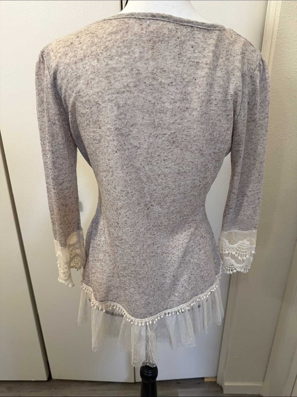 Light tan brown Lace-Trim Button Cardigan Sweater - Picture 7 of 10